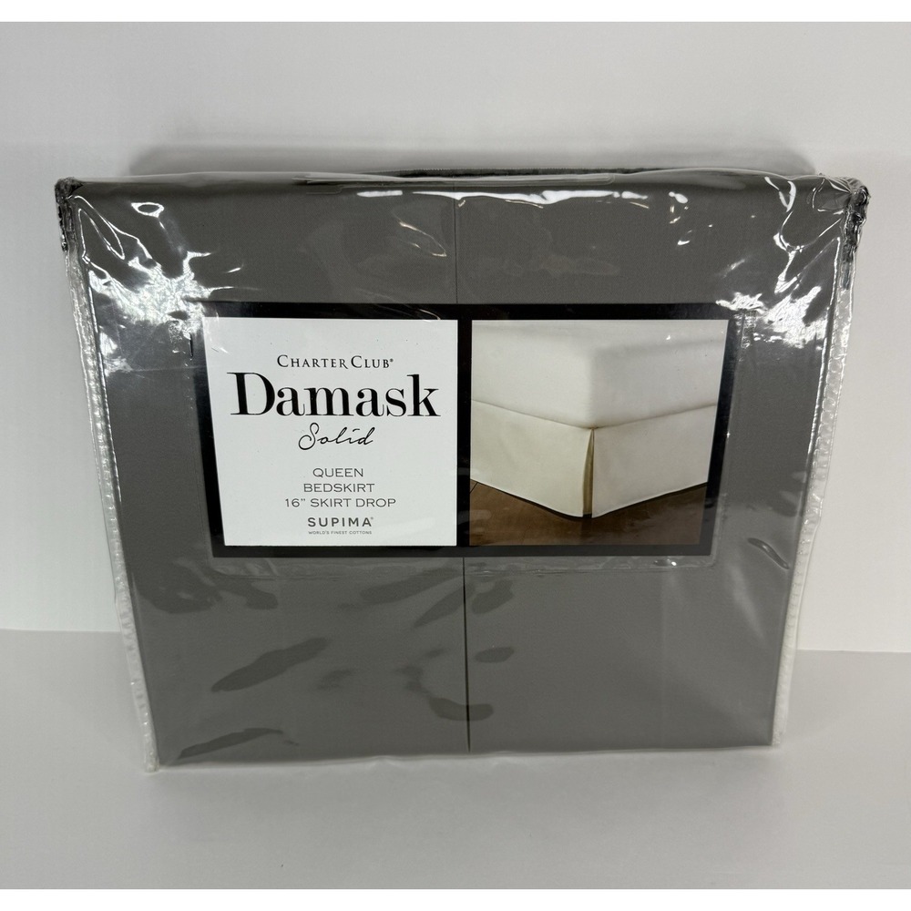 Charter Club Queen Bedskirt Damask Solid 550 Thread Count Cotton Gray 16" Drop